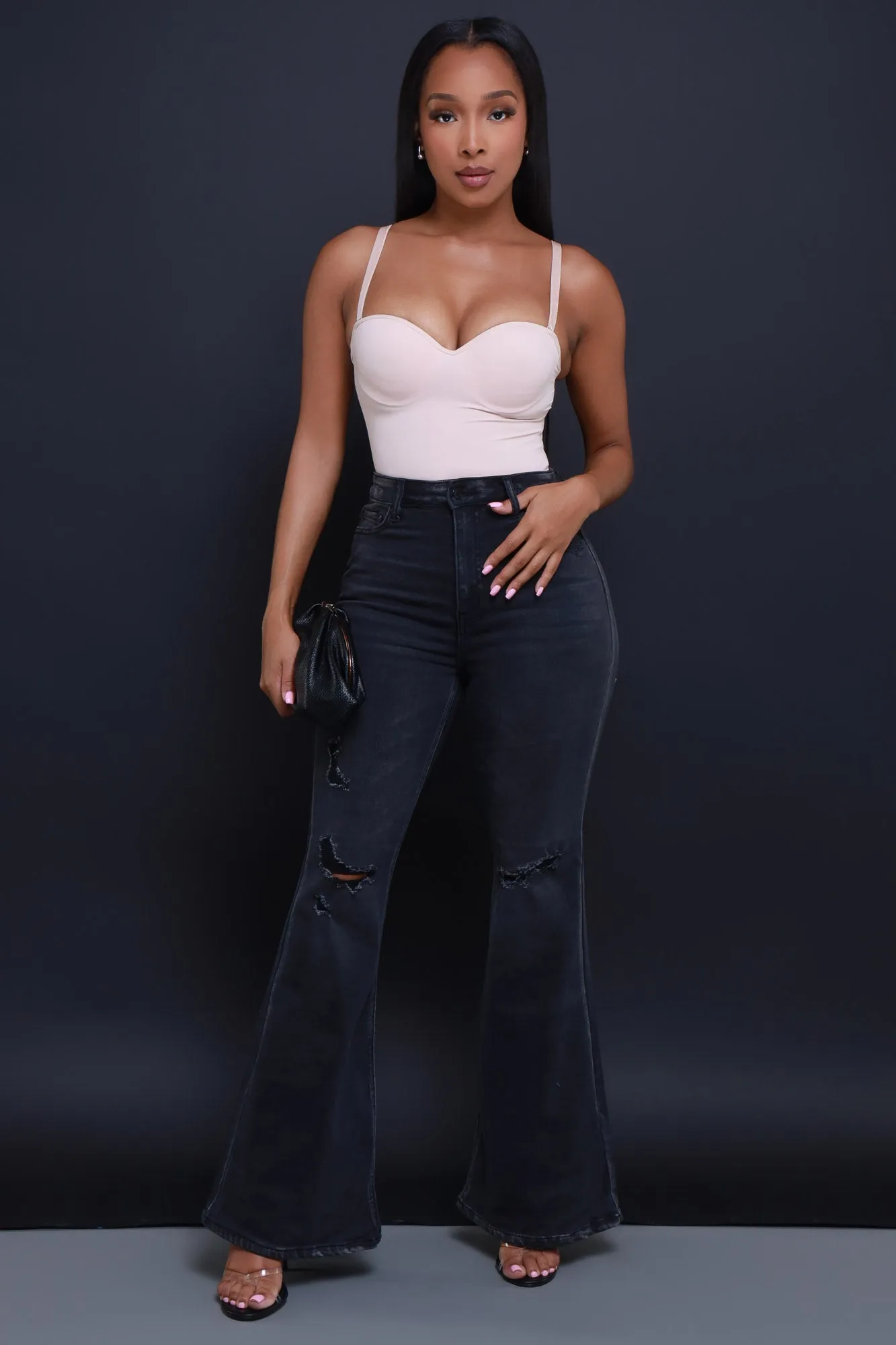 First To Go High Rise Super Flare Jeans - Dark Grey Wash