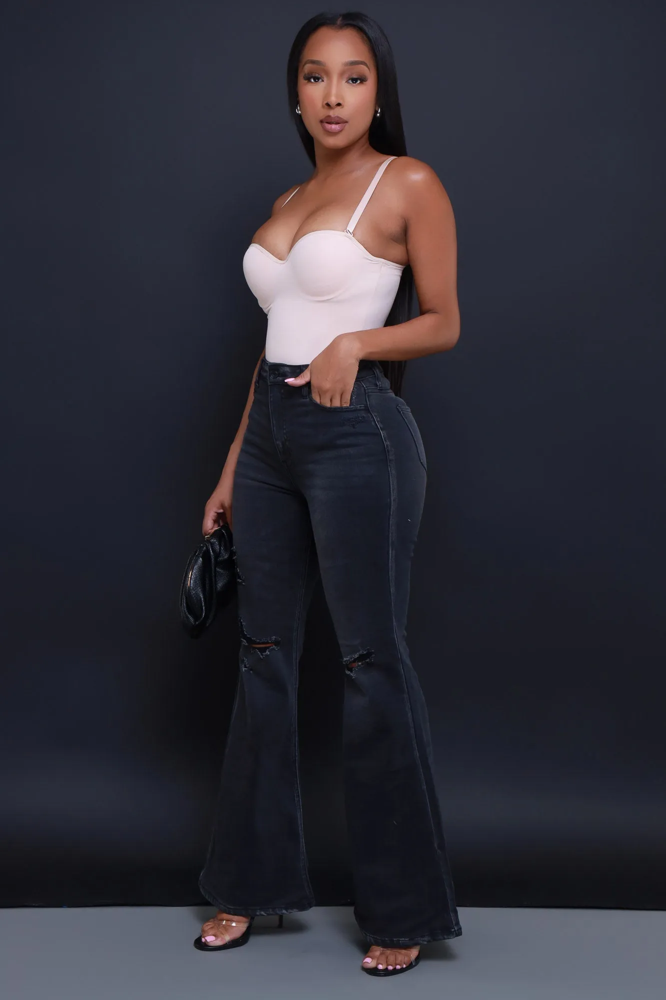 First To Go High Rise Super Flare Jeans - Dark Grey Wash