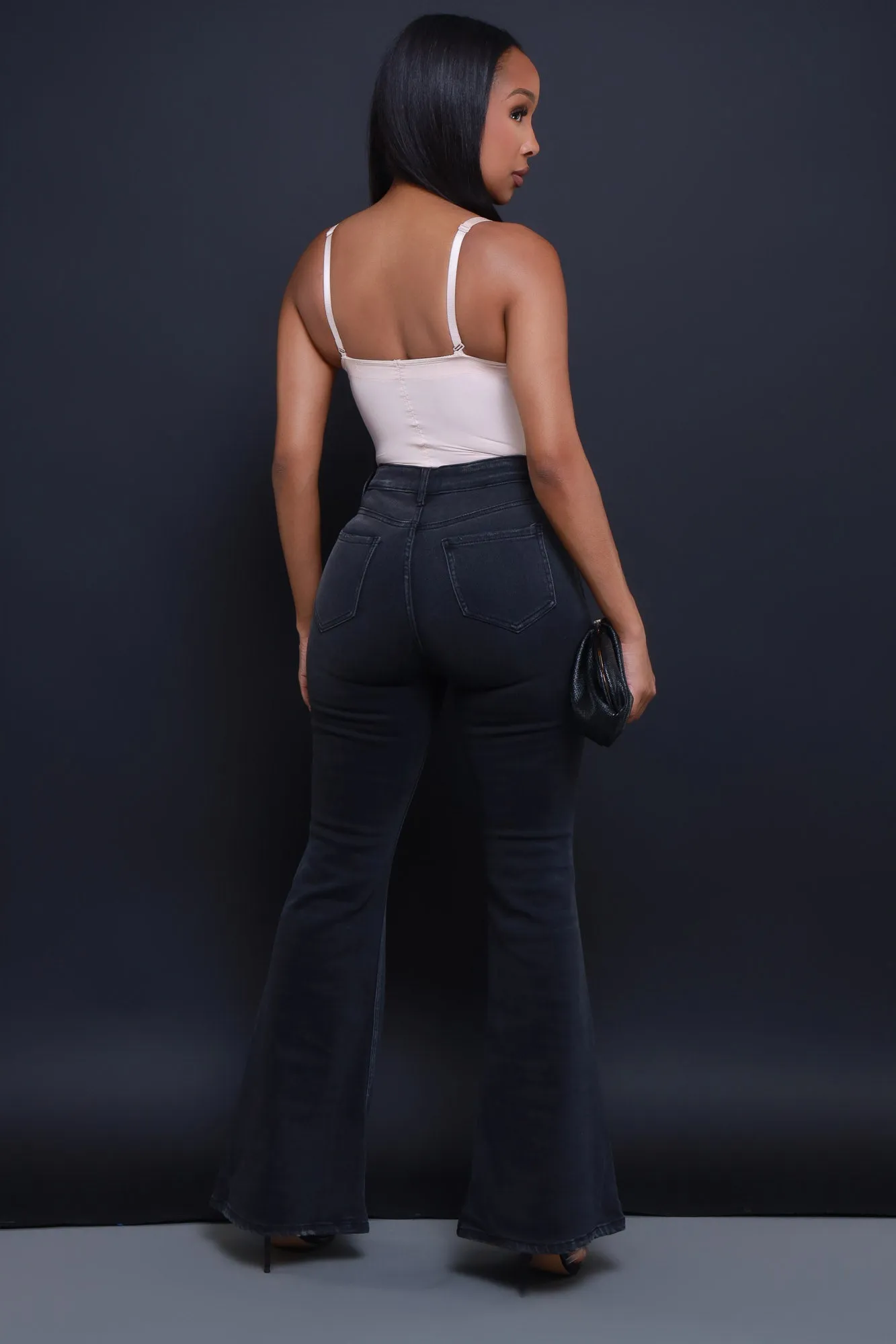First To Go High Rise Super Flare Jeans - Dark Grey Wash