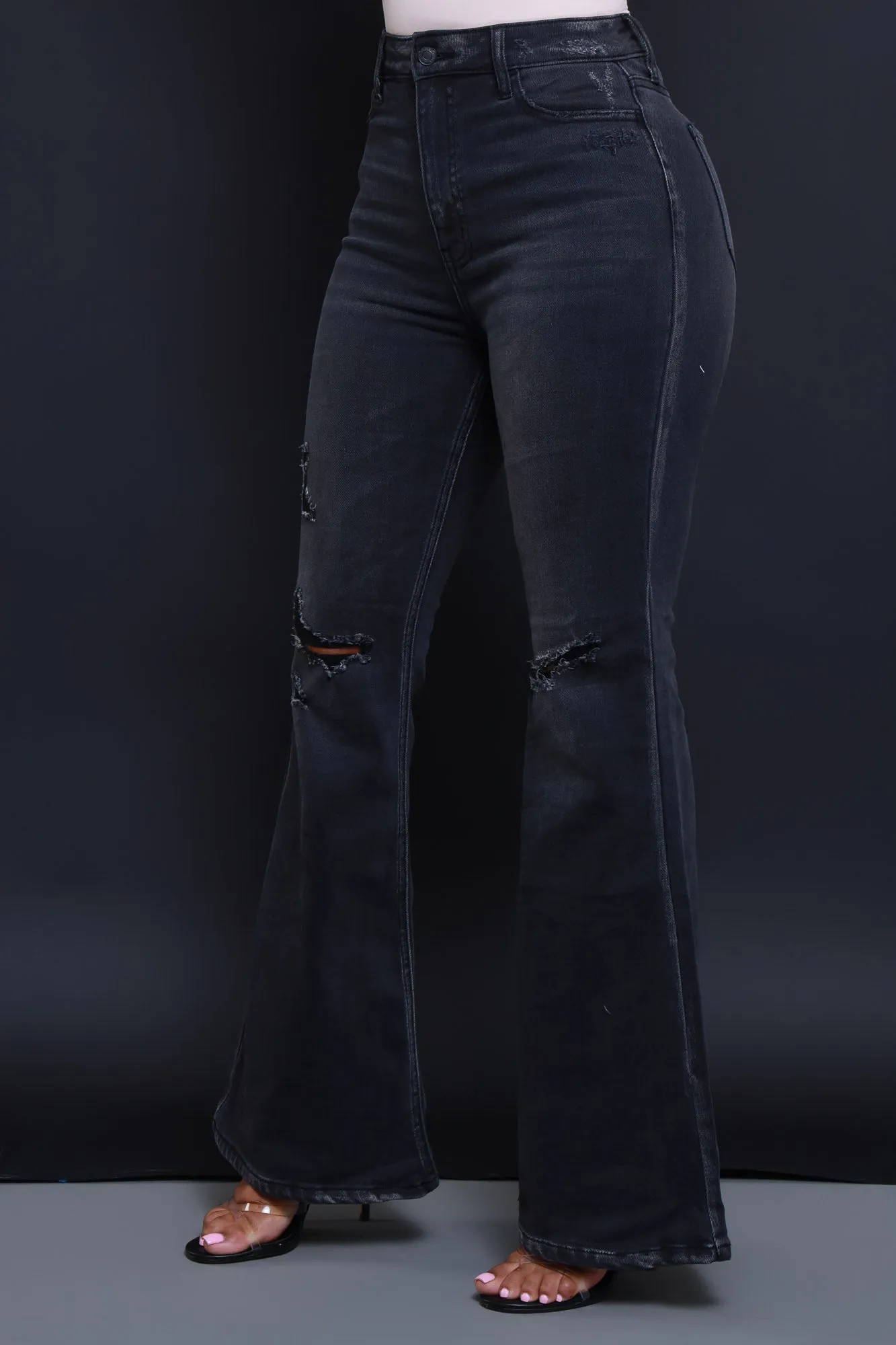 First To Go High Rise Super Flare Jeans - Dark Grey Wash