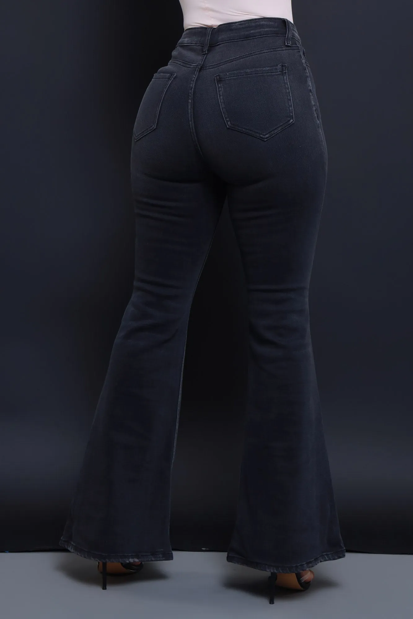 First To Go High Rise Super Flare Jeans - Dark Grey Wash
