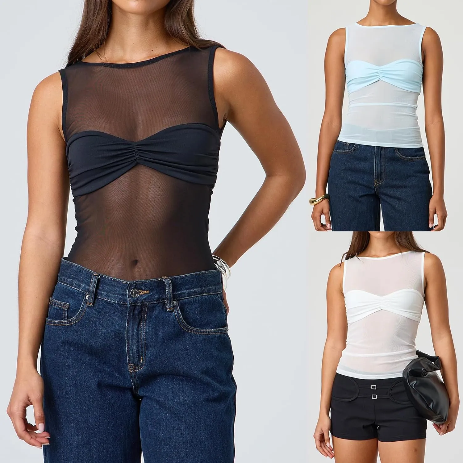 Giraropa Sheer Mesh Top for Women Summer Sleeveless Crew Neck Slim Fit Tank Tops Sexy See Through Blouse Shirt