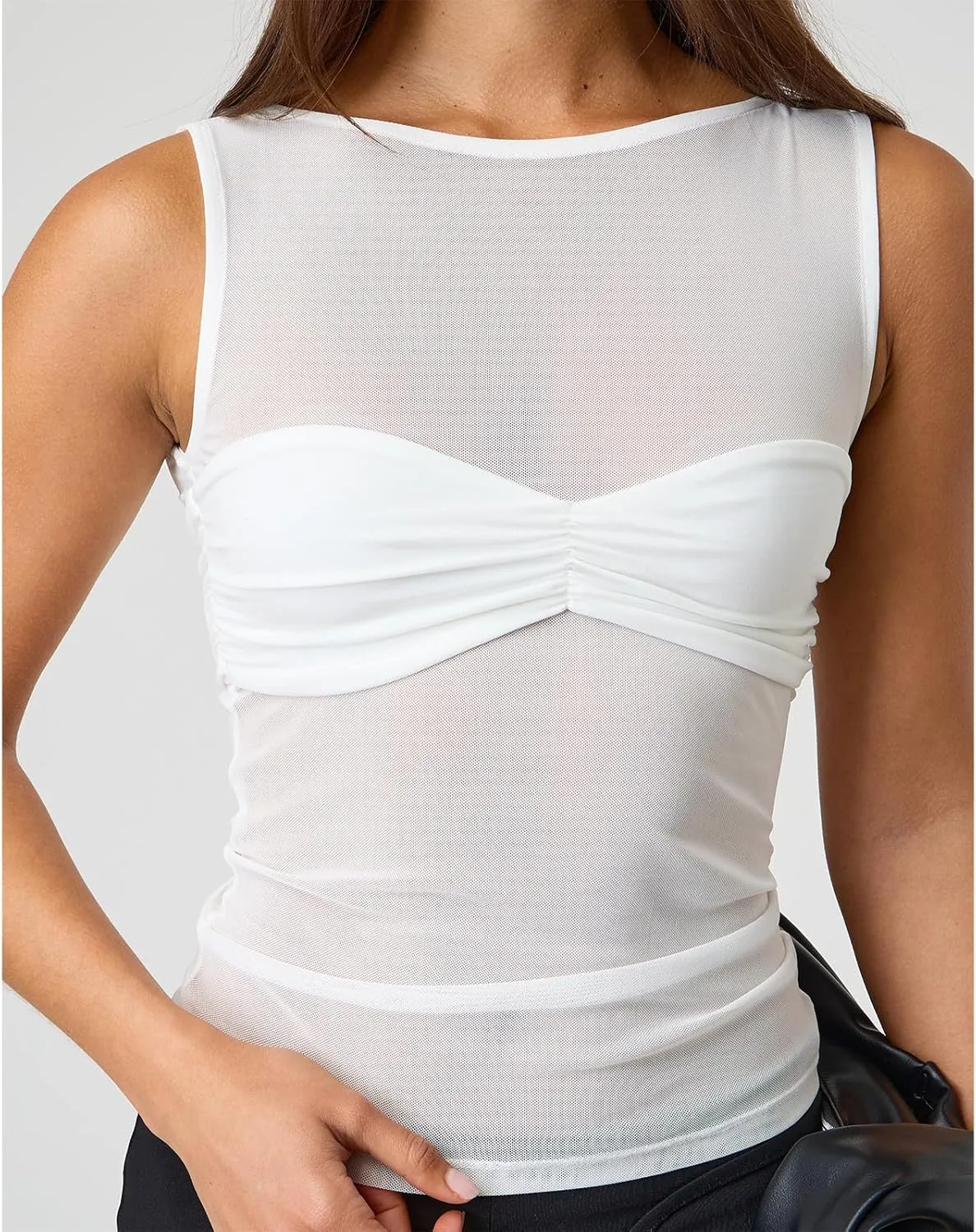 Giraropa Sheer Mesh Top for Women Summer Sleeveless Crew Neck Slim Fit Tank Tops Sexy See Through Blouse Shirt