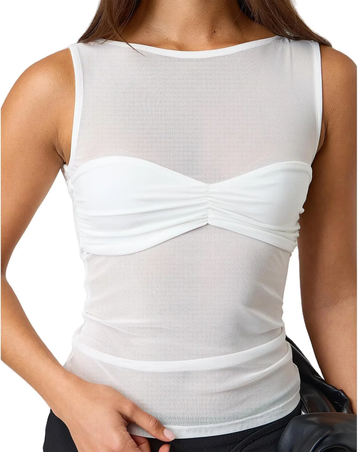 Giraropa Sheer Mesh Top for Women Summer Sleeveless Crew Neck Slim Fit Tank Tops Sexy See Through Blouse Shirt