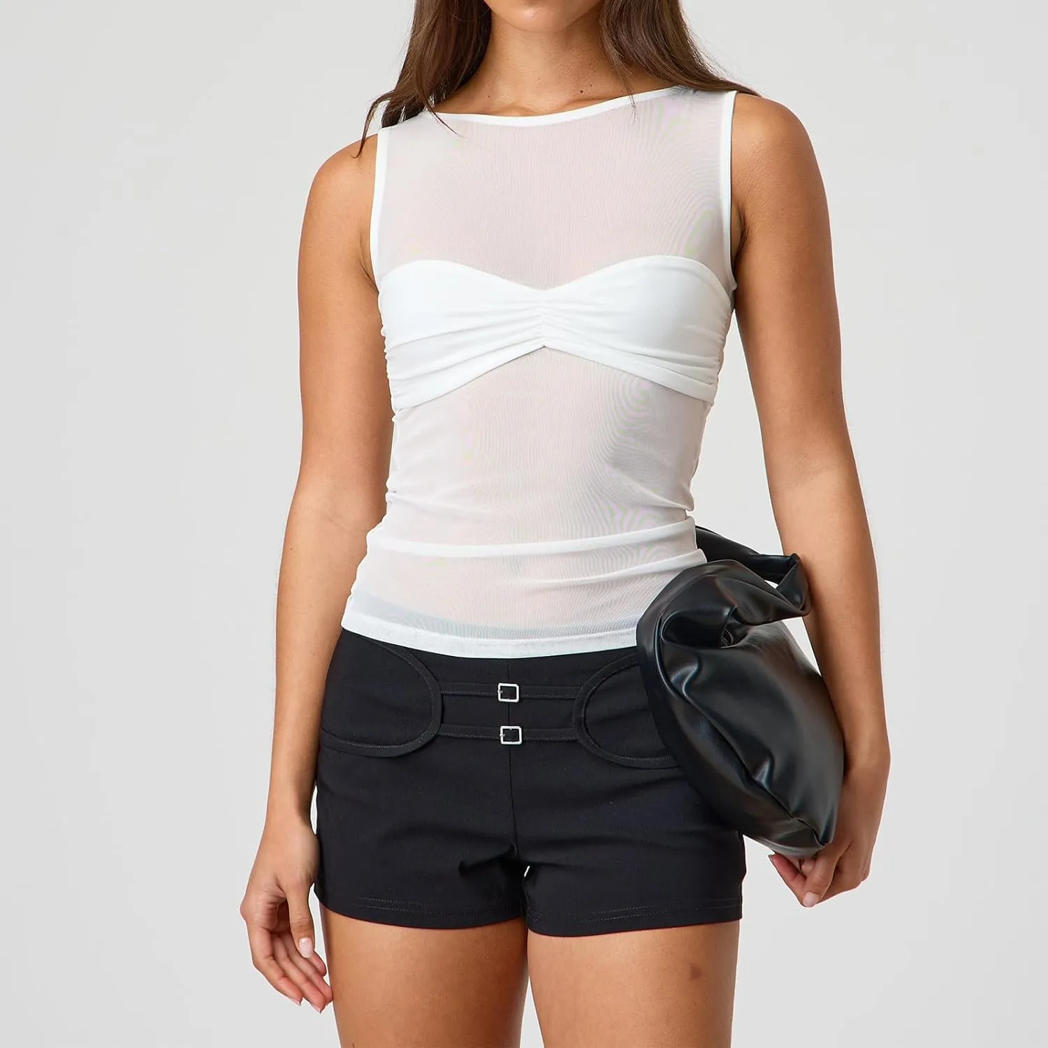 Giraropa Sheer Mesh Top for Women Summer Sleeveless Crew Neck Slim Fit Tank Tops Sexy See Through Blouse Shirt