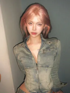 Girlary 90s Vintage Short Denim Jacket Women Harajuku Grunge Slim Zipper Jean Jacket Korean Washed Cropped Coats Y2K Streetwear