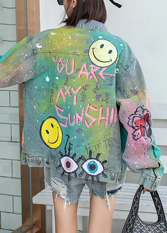 Gradient Color Blue Peter Pan Collar Graffiti Pockets Denim Coats Fall LY6007