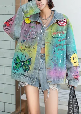 Gradient Color Blue Peter Pan Collar Graffiti Pockets Denim Coats Fall LY6007