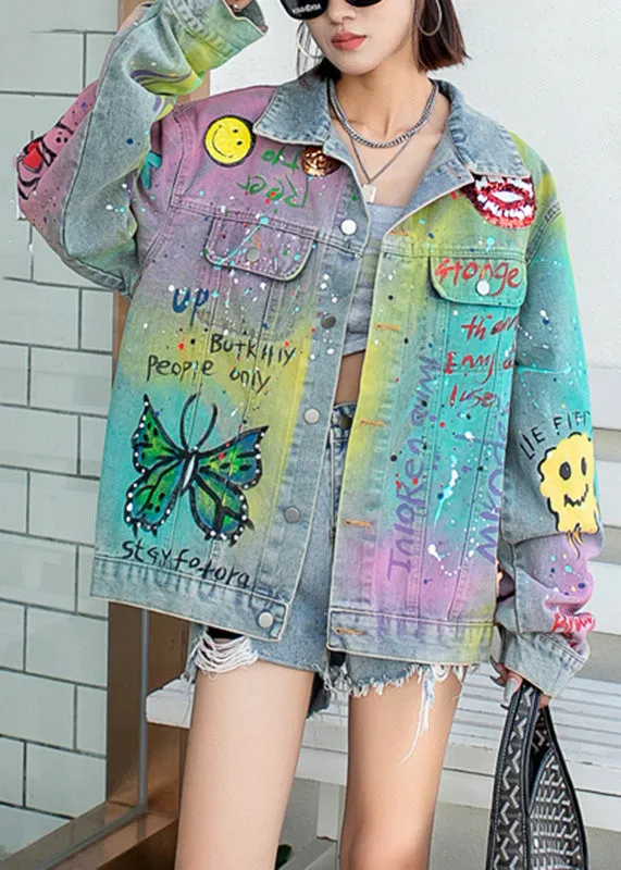 Gradient Color Blue Peter Pan Collar Graffiti Pockets Denim Coats Fall LY6007