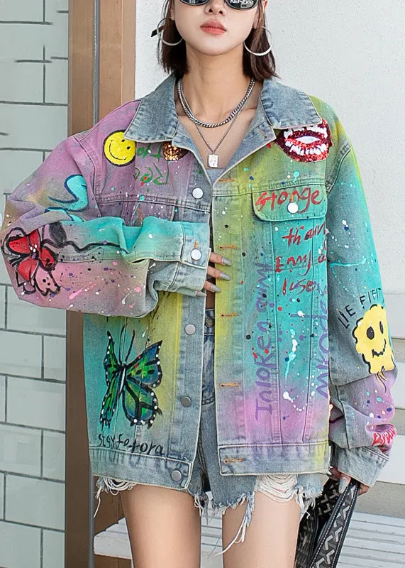Gradient Color Blue Peter Pan Collar Graffiti Pockets Denim Coats Fall LY6007