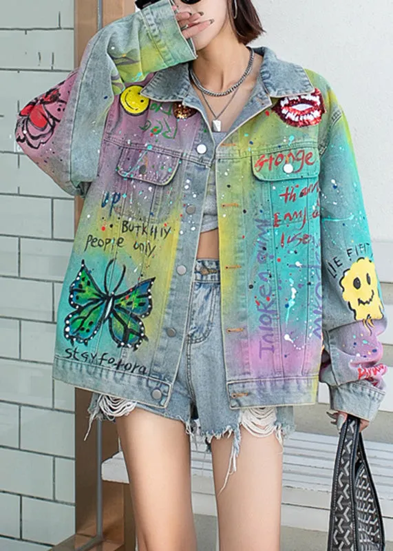 Gradient Color Blue Peter Pan Collar Graffiti Pockets Denim Coats Fall LY6007
