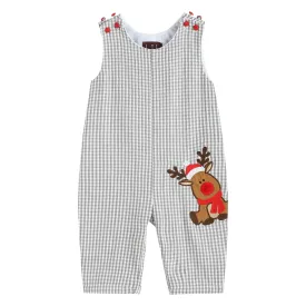 Gray Gingham Reindeer Applique Christmas Overalls