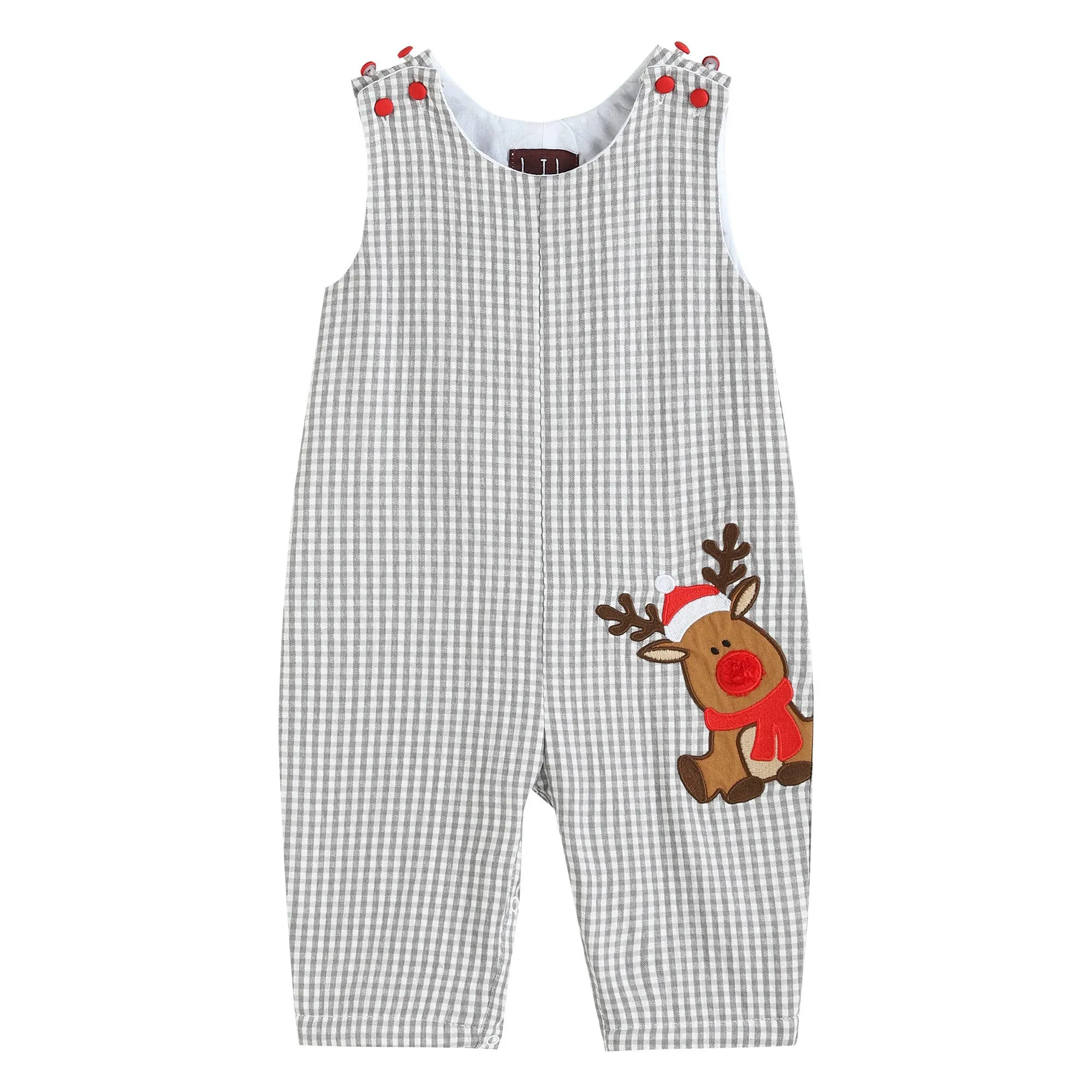 Gray Gingham Reindeer Applique Christmas Overalls