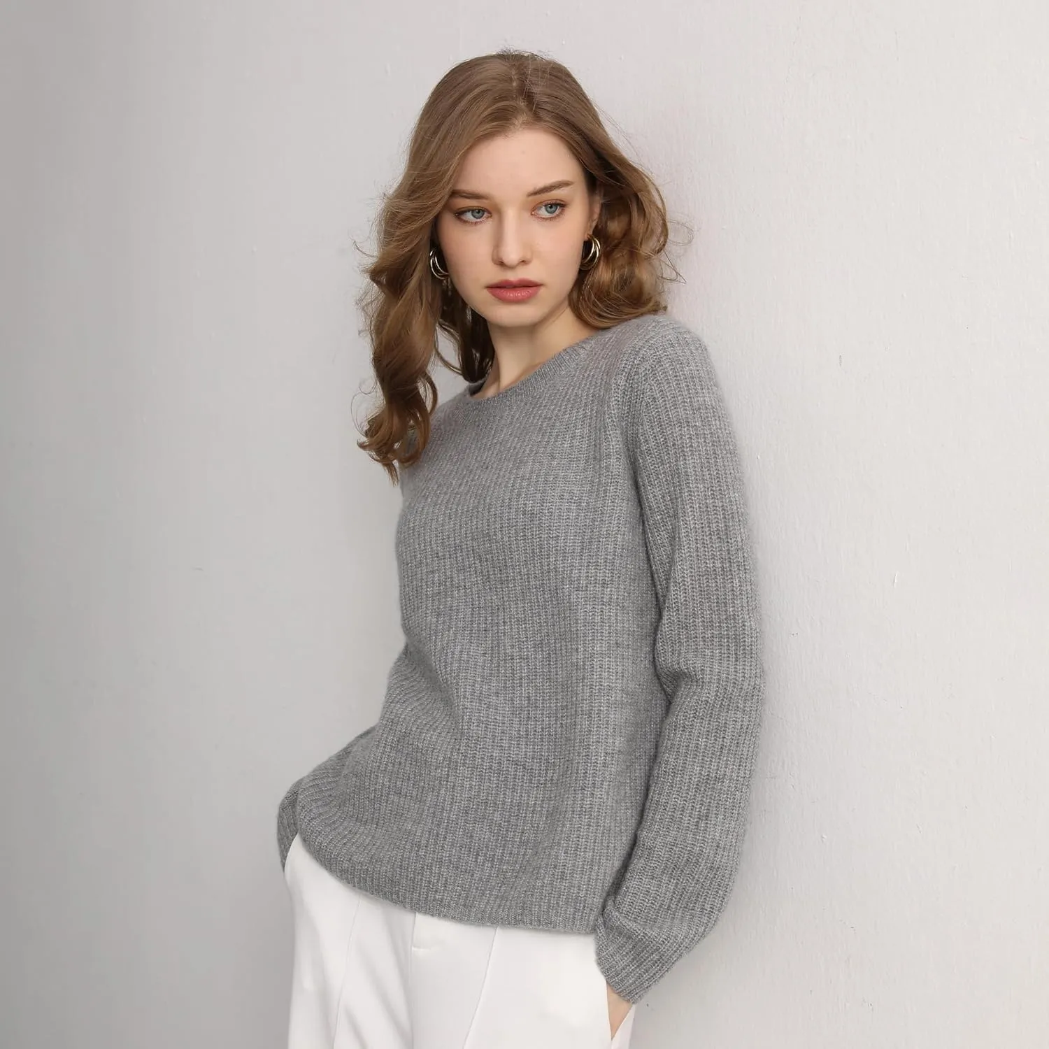 GreenMount Cashmere Sweaters for Women Essential Crewneck Ribbed Long Sleeve Pullover Sweater