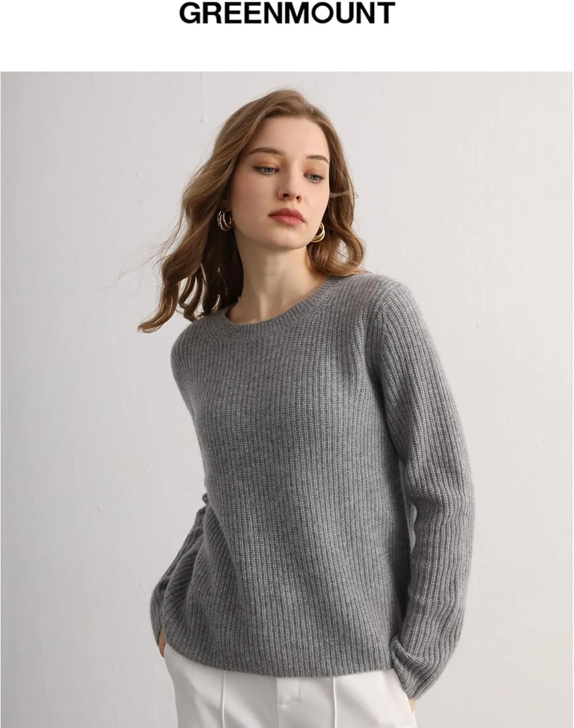GreenMount Cashmere Sweaters for Women Essential Crewneck Ribbed Long Sleeve Pullover Sweater
