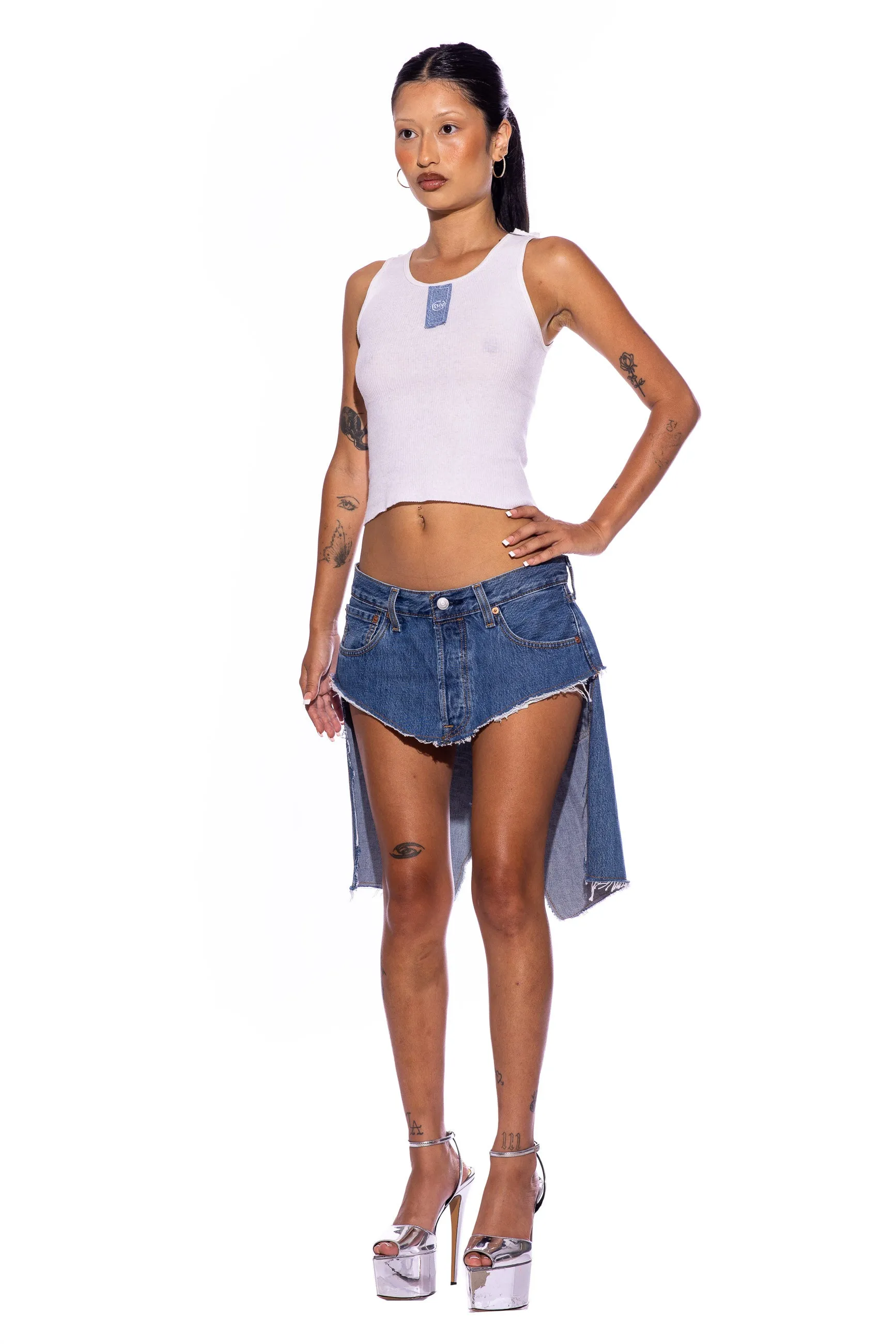 HI LOW SKIRT IN VINTAGE BLUE DENIM