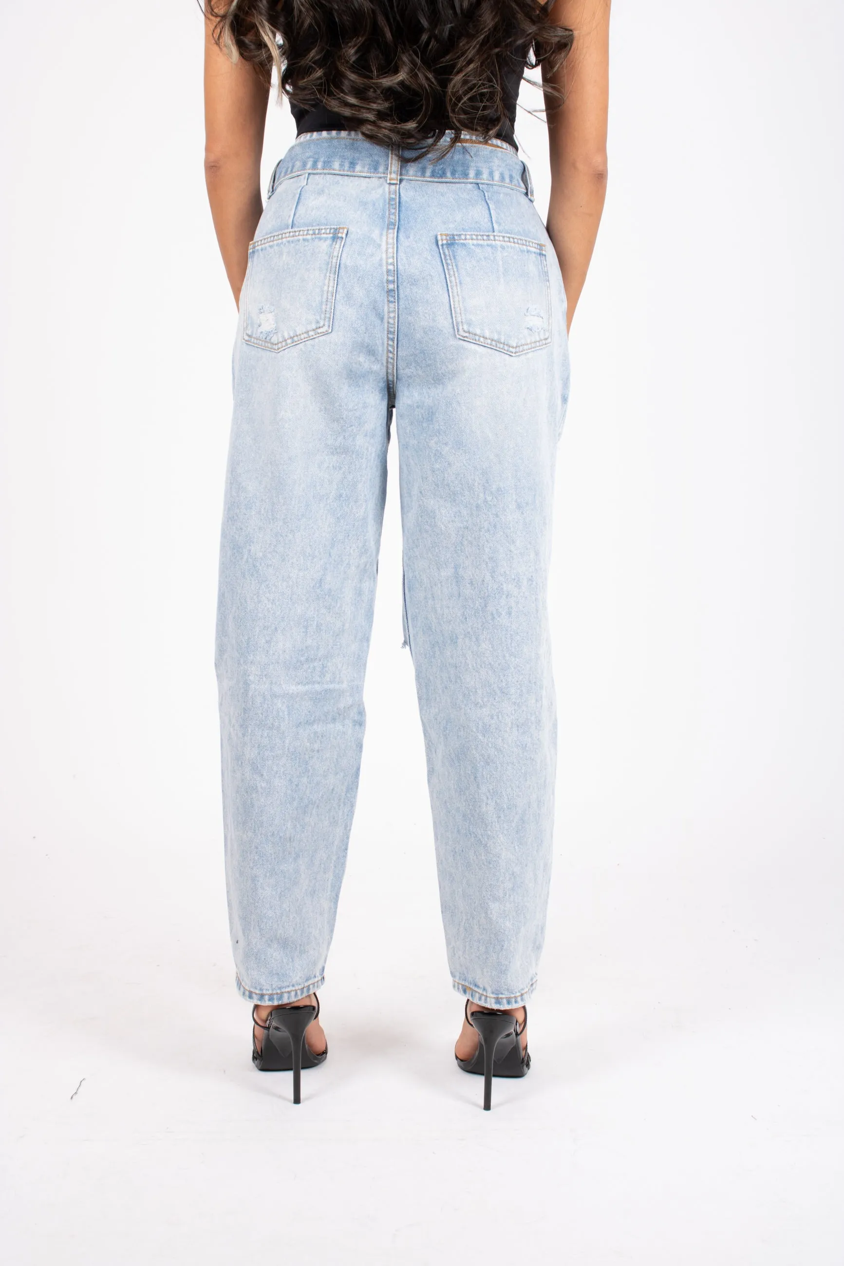 High-Rise Distressed Stonewash Belted Mom Jeans