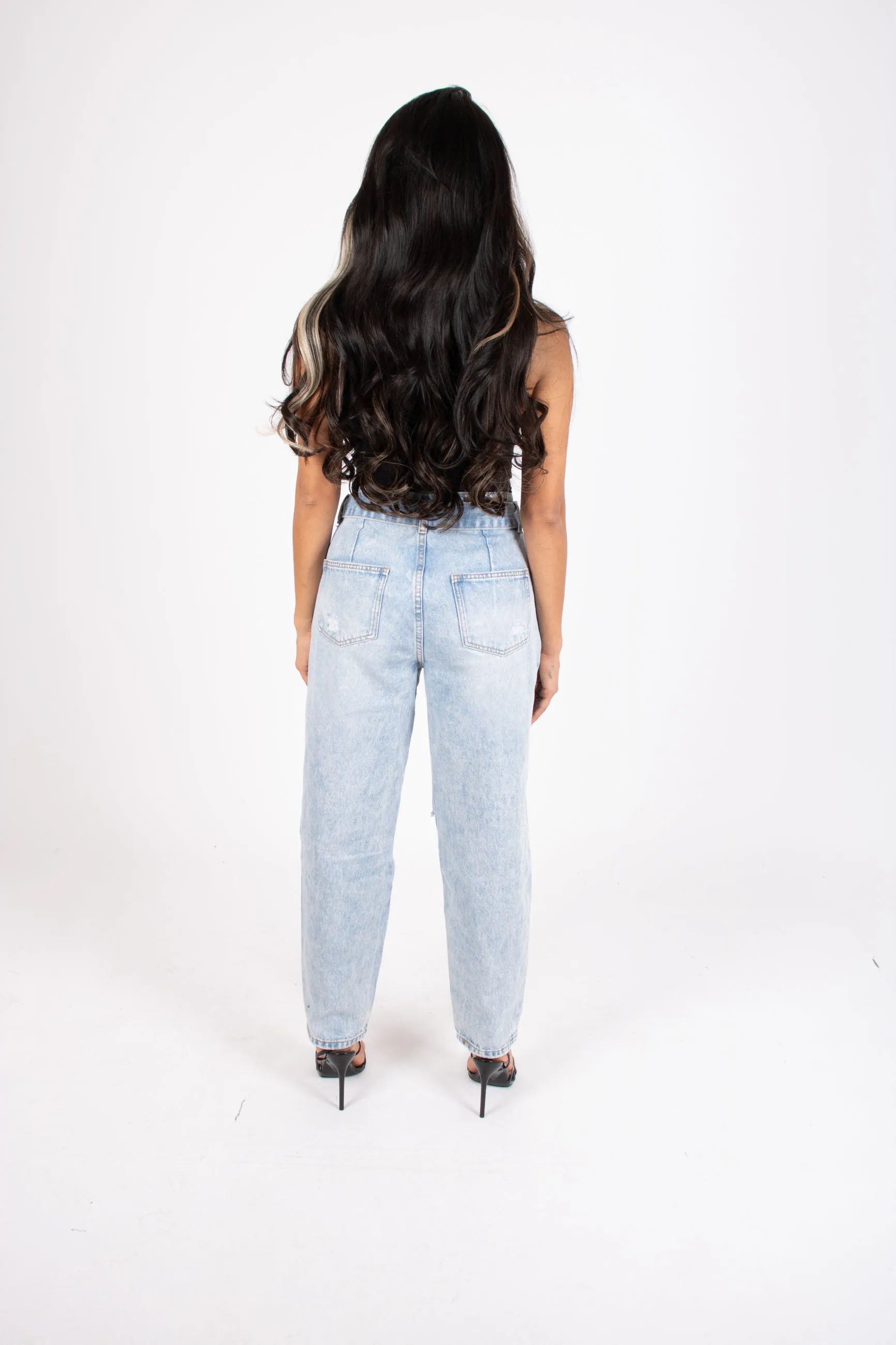 High-Rise Distressed Stonewash Belted Mom Jeans