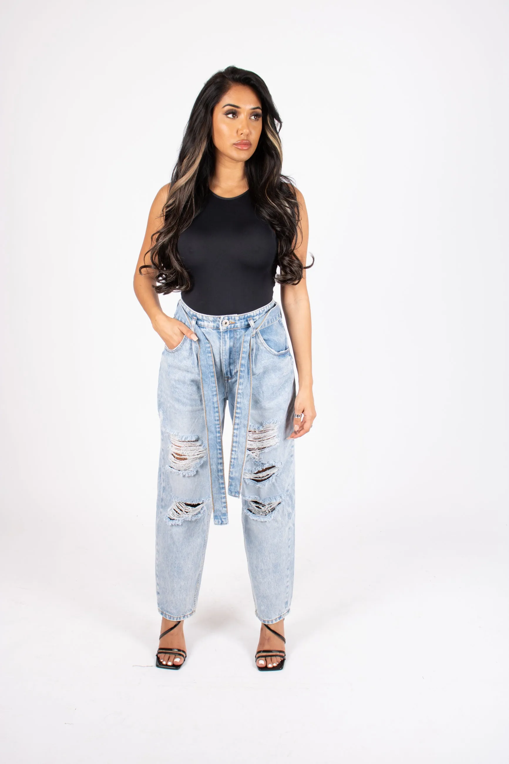 High-Rise Distressed Stonewash Belted Mom Jeans