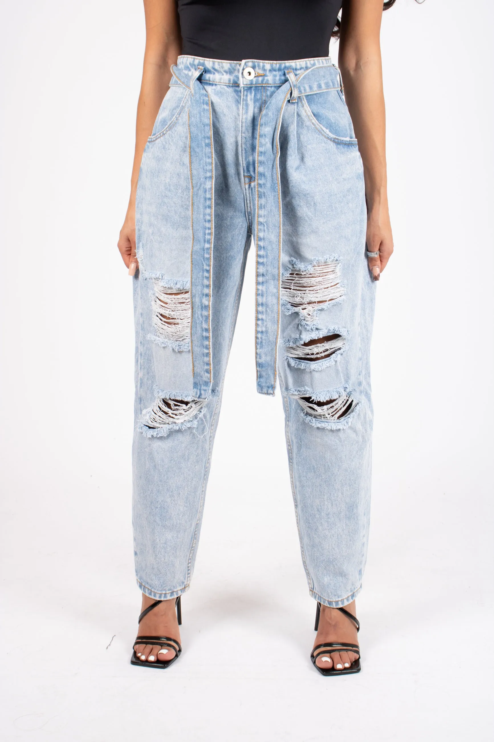 High-Rise Distressed Stonewash Belted Mom Jeans