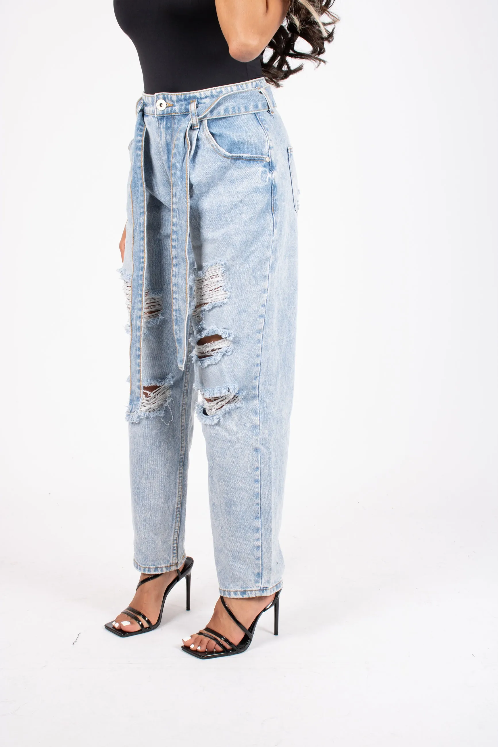 High-Rise Distressed Stonewash Belted Mom Jeans