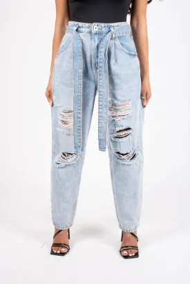 High-Rise Distressed Stonewash Belted Mom Jeans