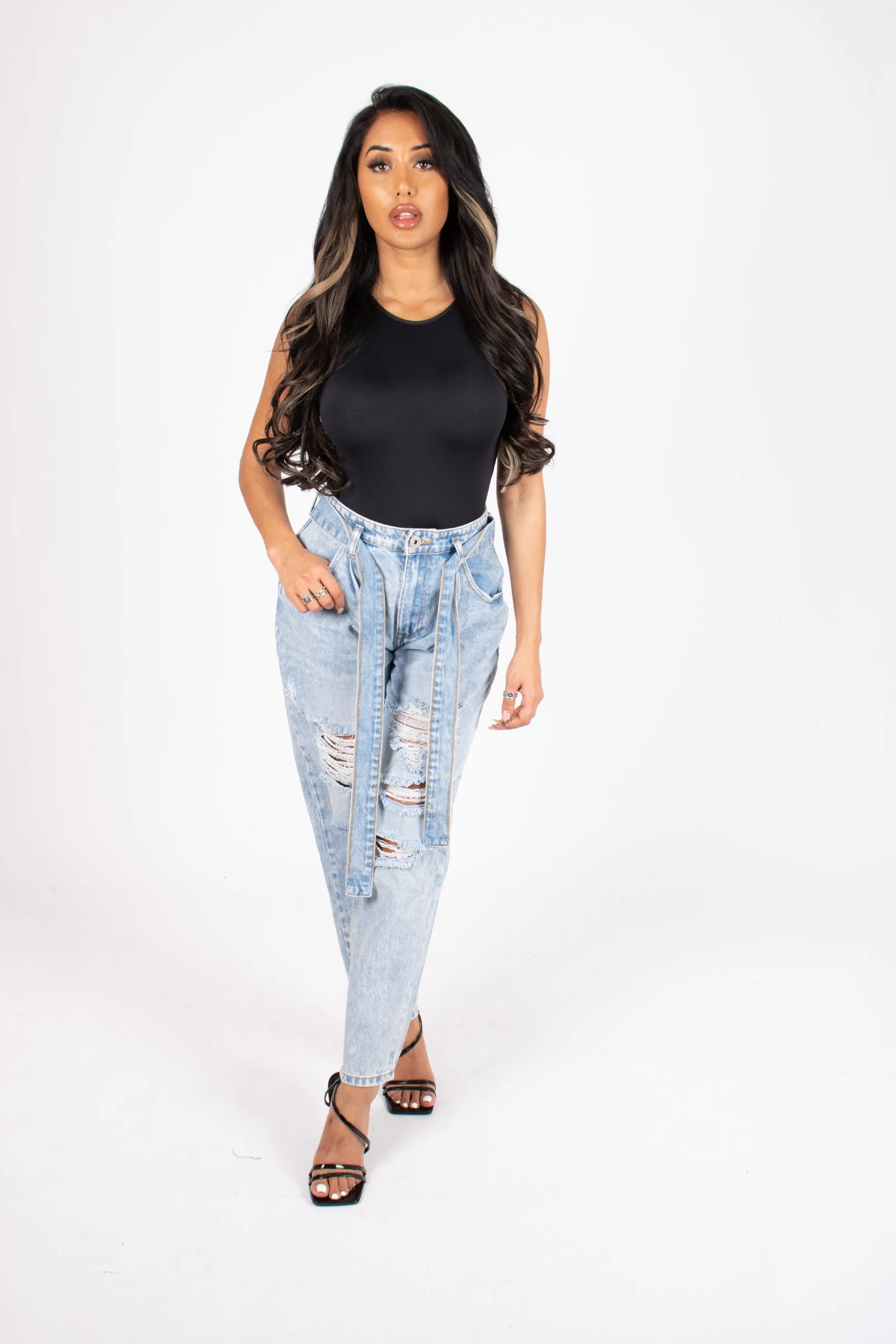 High-Rise Distressed Stonewash Belted Mom Jeans