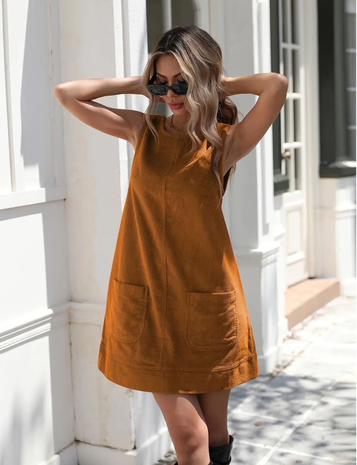 Hooever Women's Corduroy Overall Dress Round Neck A Line Skirtall Jumper Mini Dress Pinafore with Pockets