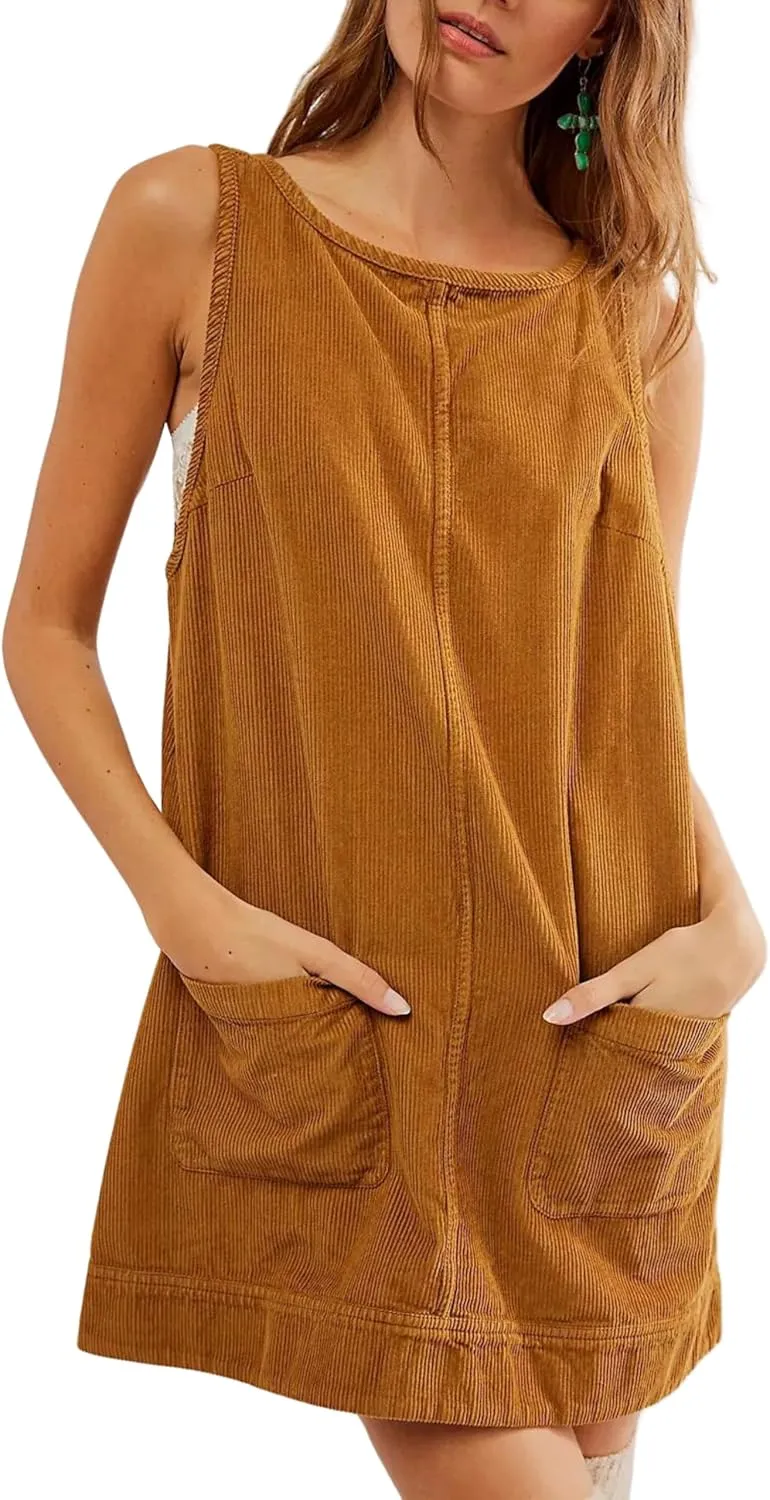 Hooever Women's Corduroy Overall Dress Round Neck A Line Skirtall Jumper Mini Dress Pinafore with Pockets