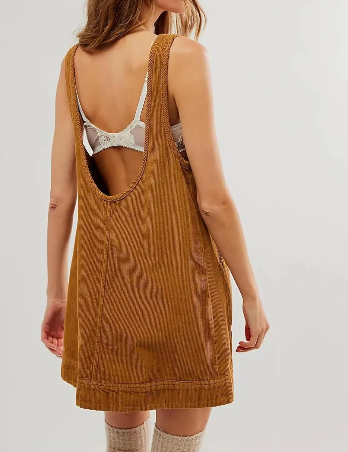 Hooever Women's Corduroy Overall Dress Round Neck A Line Skirtall Jumper Mini Dress Pinafore with Pockets