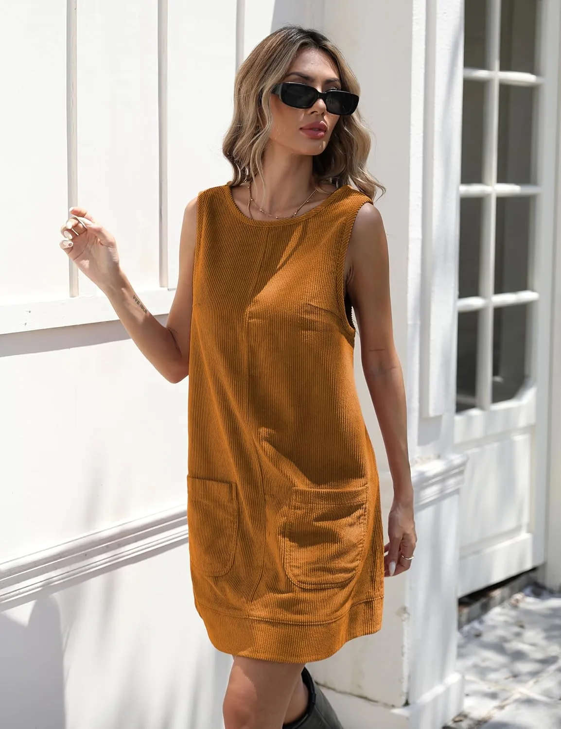 Hooever Women's Corduroy Overall Dress Round Neck A Line Skirtall Jumper Mini Dress Pinafore with Pockets