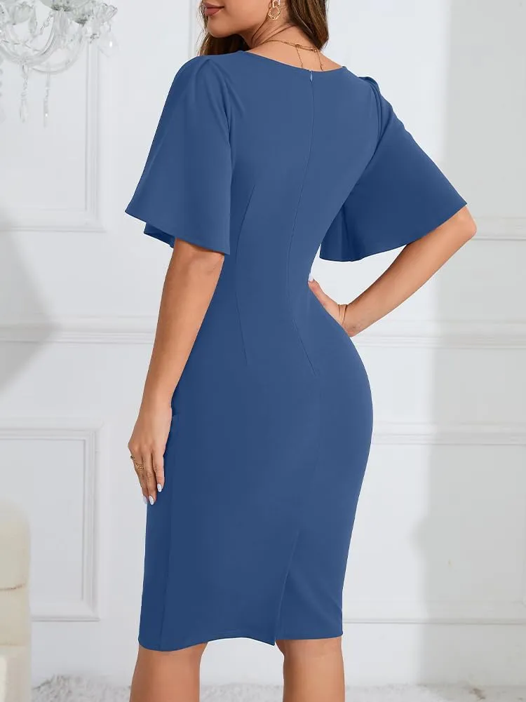 IHOT 2024 Women's Vintage Ruffle Short Sleeve Ruched Bodycon Cocktail Party Work Dress
