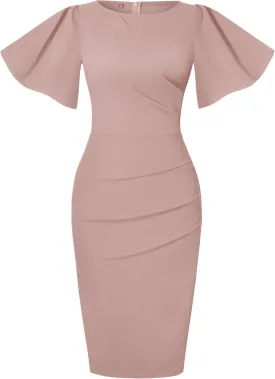 IHOT 2024 Women's Vintage Ruffle Short Sleeve Ruched Bodycon Cocktail Party Work Dress
