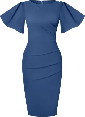 IHOT 2024 Women's Vintage Ruffle Short Sleeve Ruched Bodycon Cocktail Party Work Dress