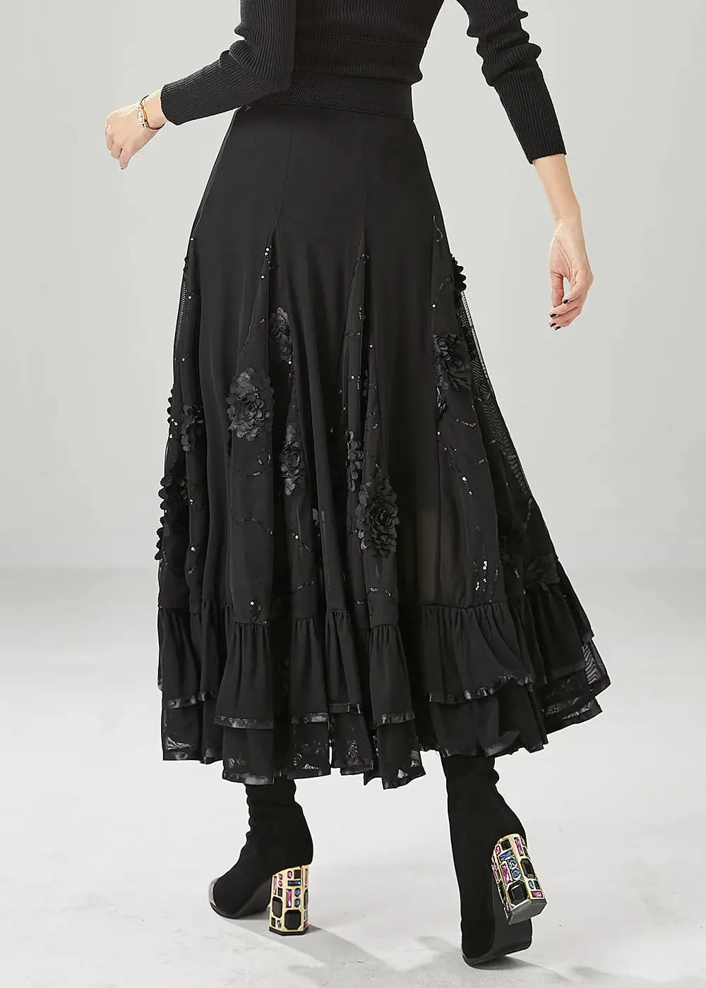 Italian Black Stereoscopic Floral Chiffon A Line Skirt Fall ML1225