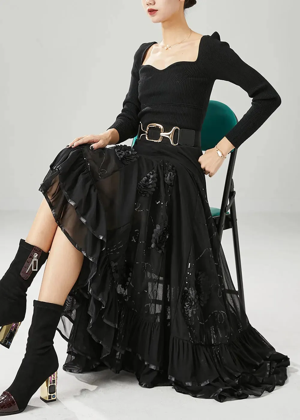 Italian Black Stereoscopic Floral Chiffon A Line Skirt Fall ML1225