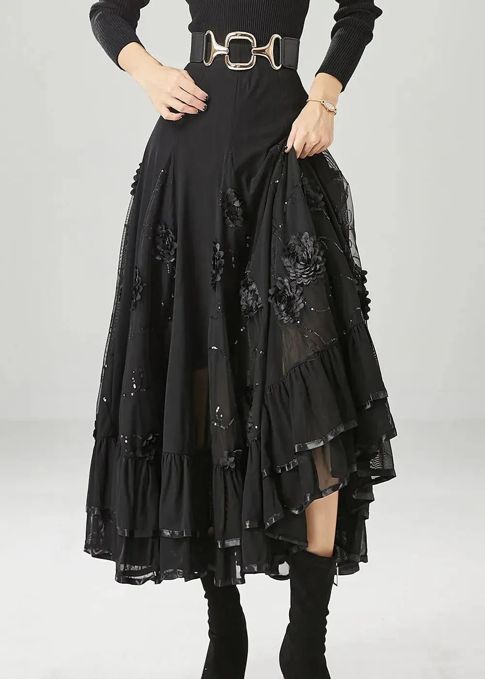 Italian Black Stereoscopic Floral Chiffon A Line Skirt Fall ML1225