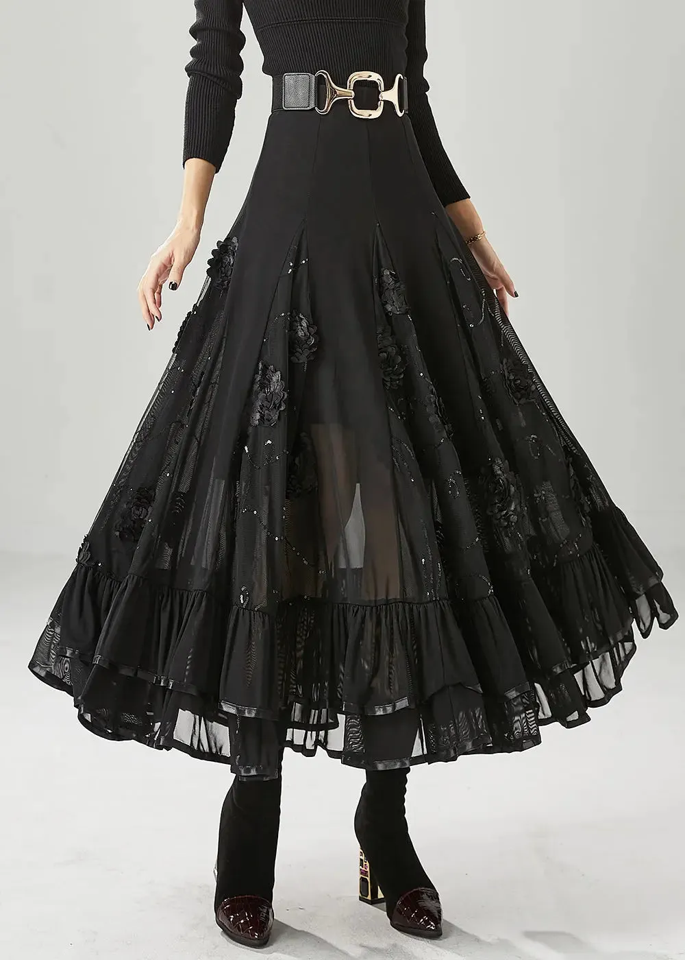 Italian Black Stereoscopic Floral Chiffon A Line Skirt Fall ML1225