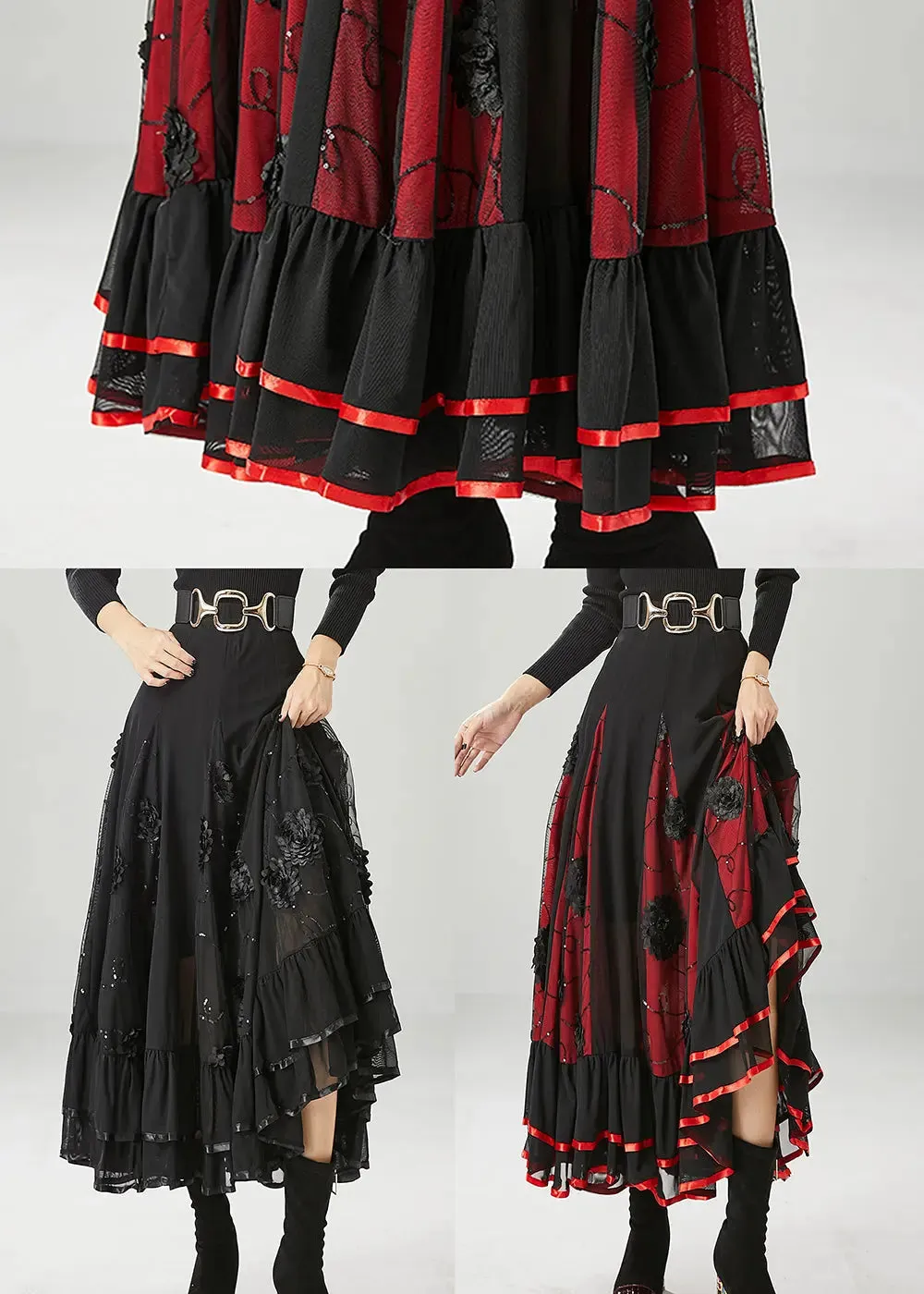 Italian Black Stereoscopic Floral Chiffon A Line Skirt Fall ML1225
