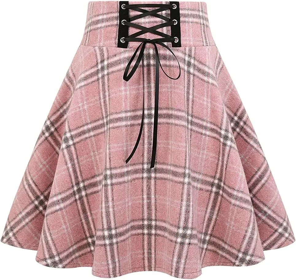 Kinghua Womens Warm Wool Plaid Mini Skirts High Waisted Lace Up Pleated Skater Skirts