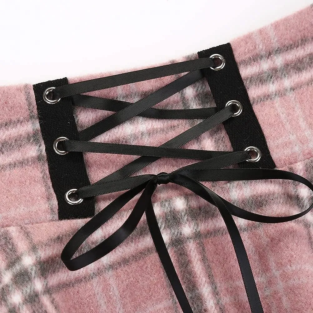 Kinghua Womens Warm Wool Plaid Mini Skirts High Waisted Lace Up Pleated Skater Skirts