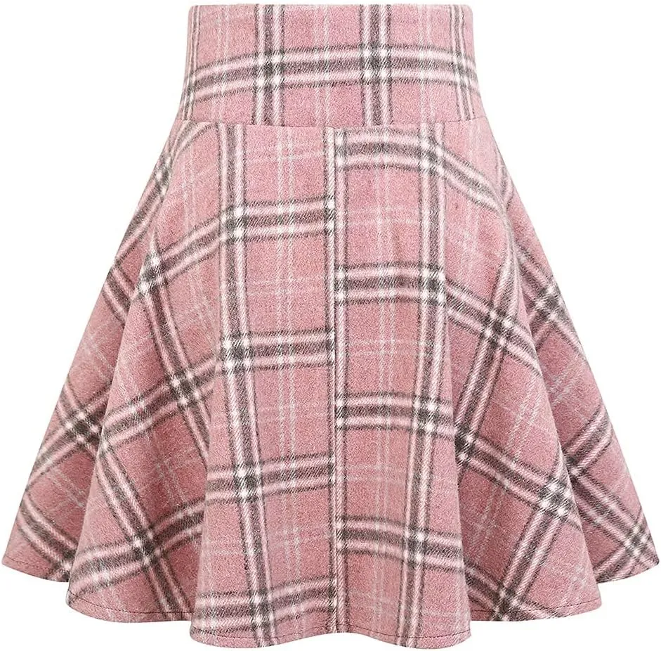 Kinghua Womens Warm Wool Plaid Mini Skirts High Waisted Lace Up Pleated Skater Skirts
