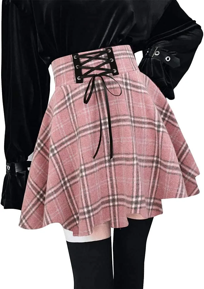 Kinghua Womens Warm Wool Plaid Mini Skirts High Waisted Lace Up Pleated Skater Skirts