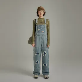 Knee Damaged Denim Overalls