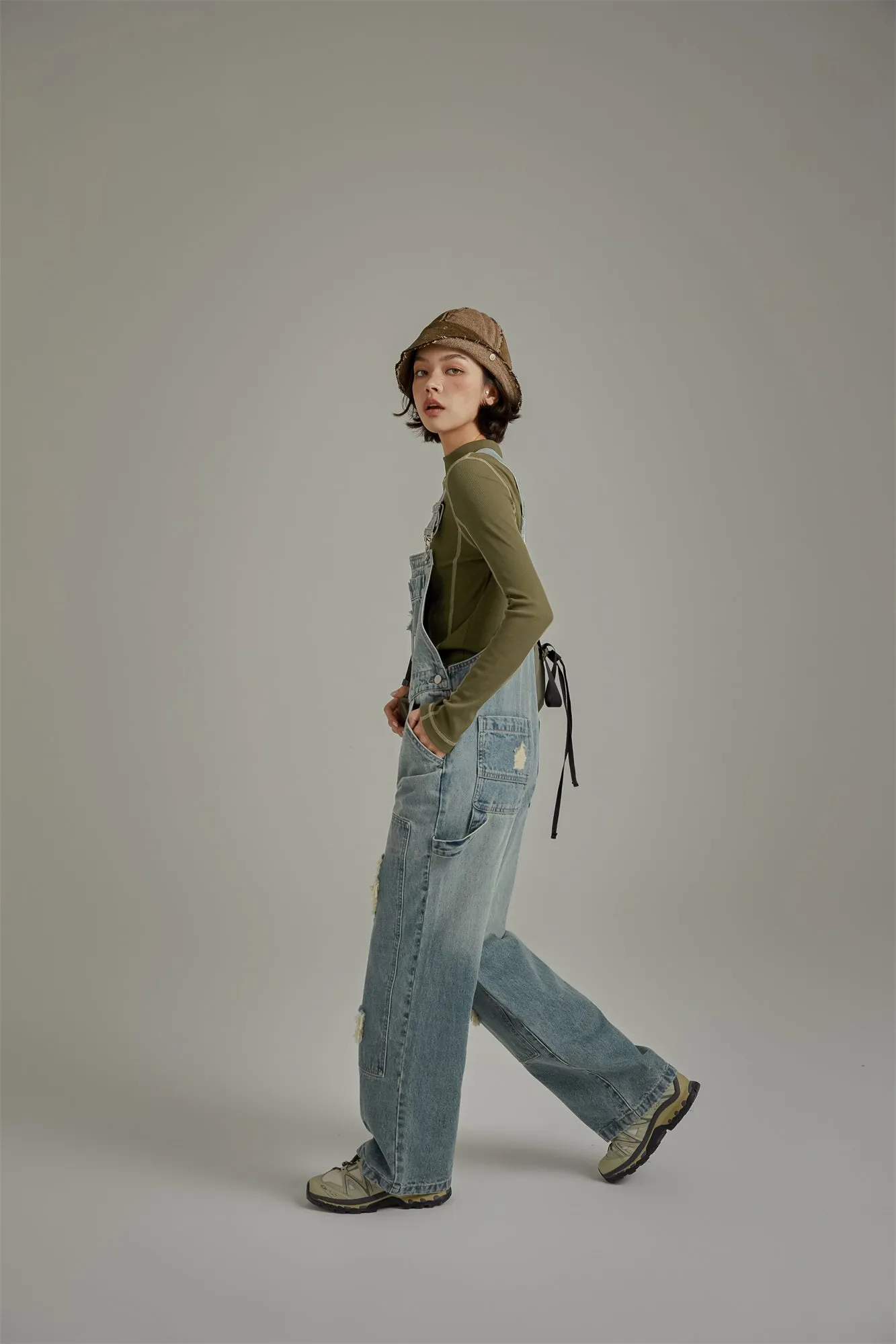 Knee Damaged Denim Overalls