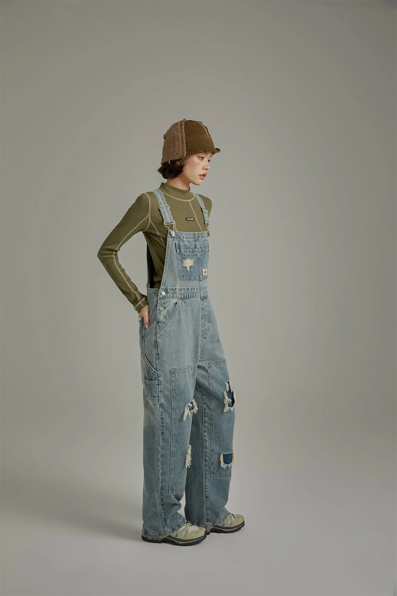 Knee Damaged Denim Overalls