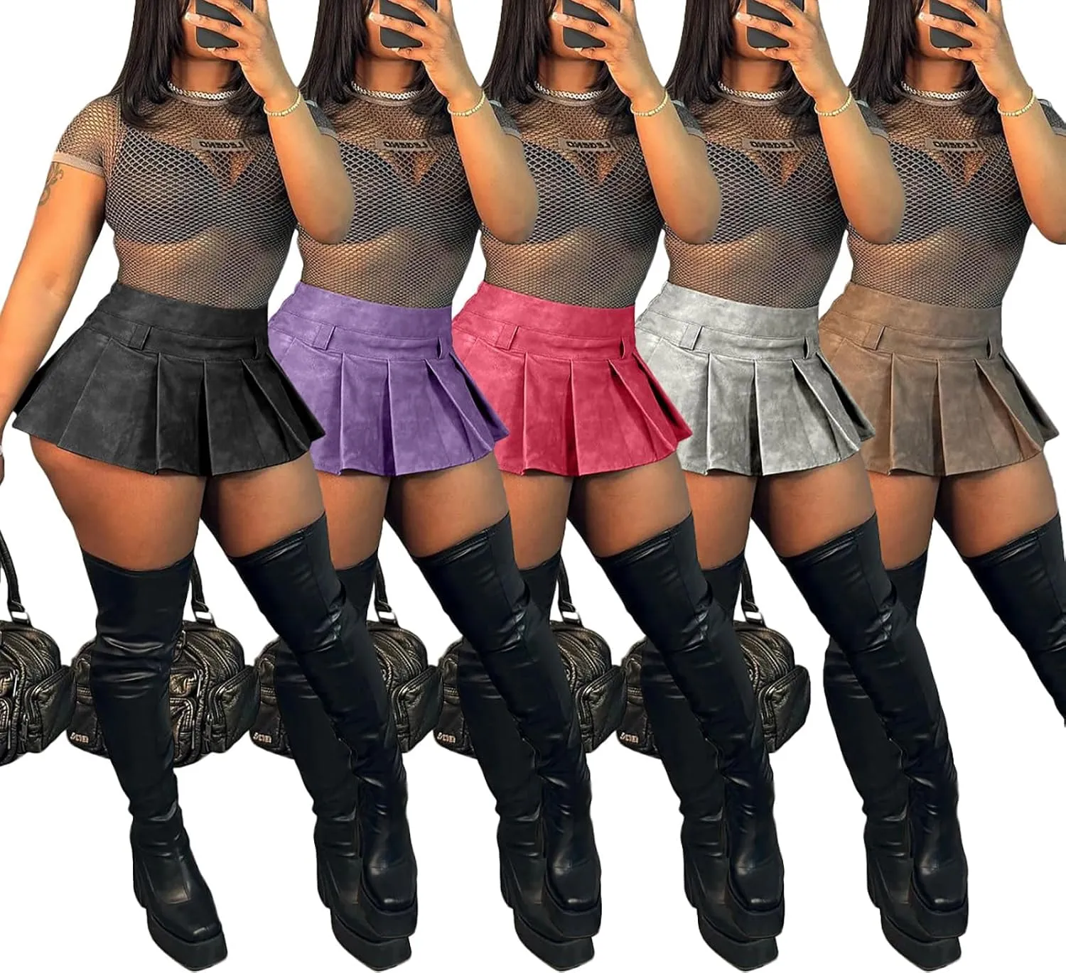 LETSVDO Women's Leather Skirt Mini Pleated High Waisted Y2k A Line Flare Skater Short Skirts