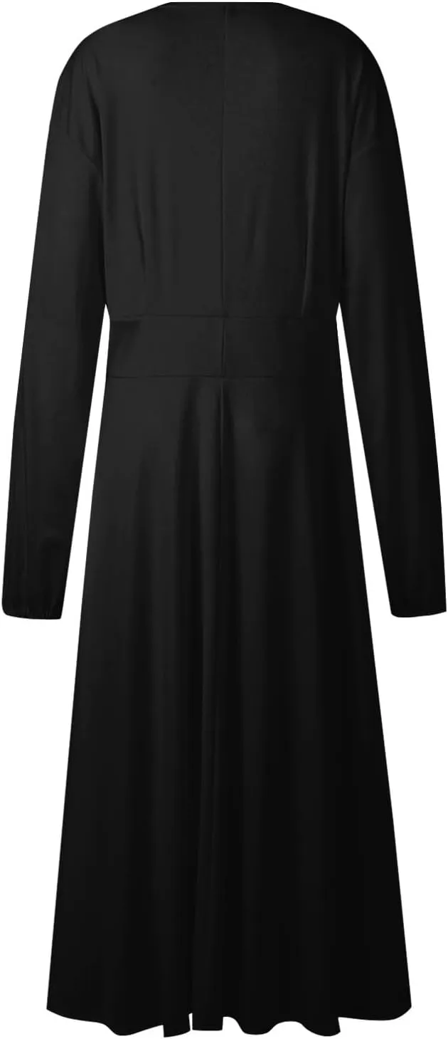 Long Sleeve Midi Dress for Women 2024 Spring V Neck High Waisted T Shirt Dress Casual Flowy A Line Swing Formal Party Dresses