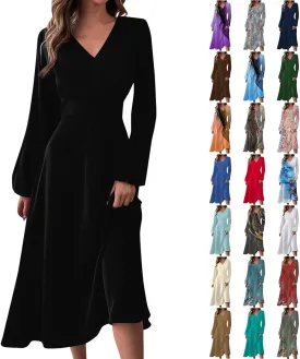 Long Sleeve Midi Dress for Women 2024 Spring V Neck High Waisted T Shirt Dress Casual Flowy A Line Swing Formal Party Dresses