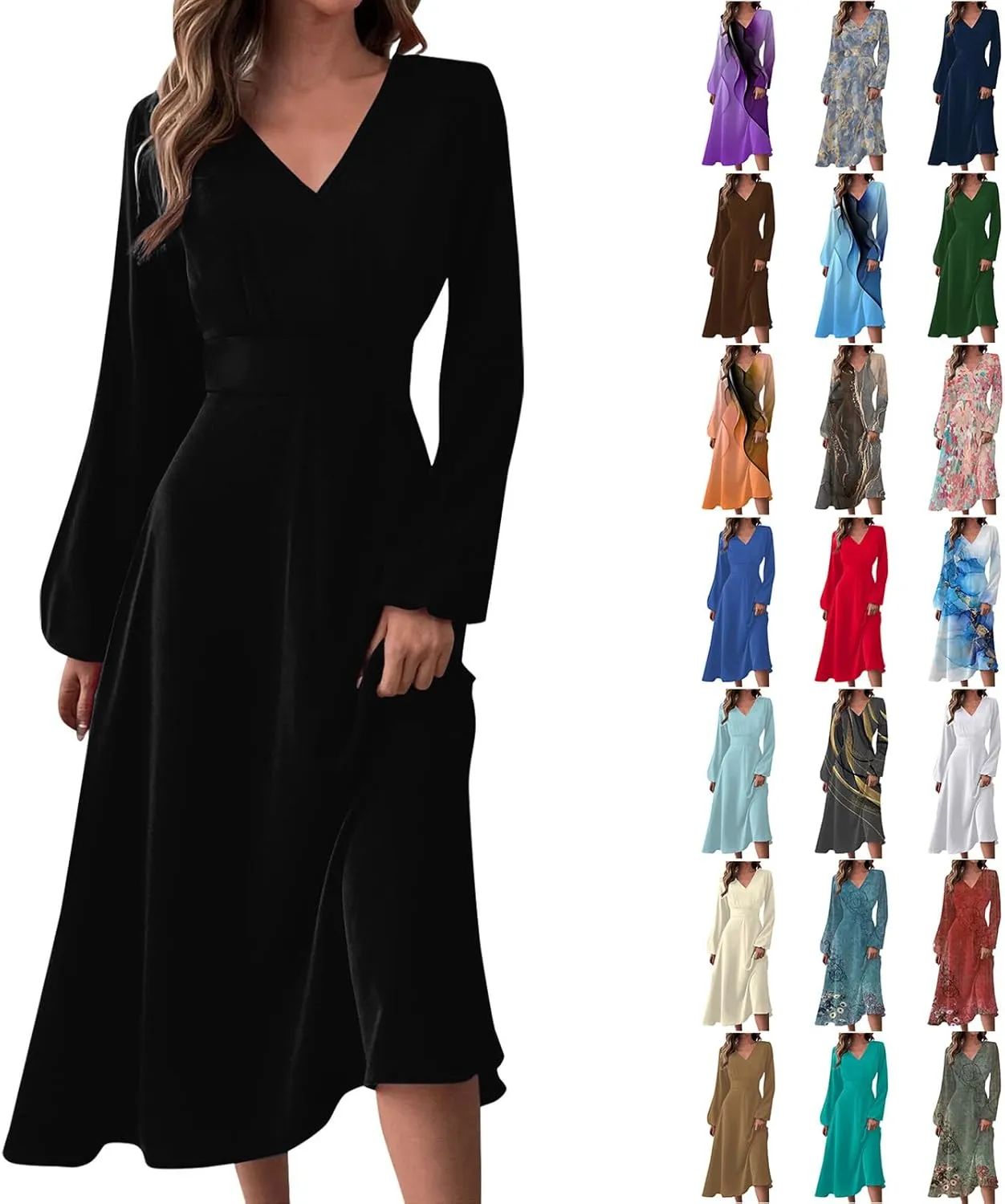 Long Sleeve Midi Dress for Women 2024 Spring V Neck High Waisted T Shirt Dress Casual Flowy A Line Swing Formal Party Dresses